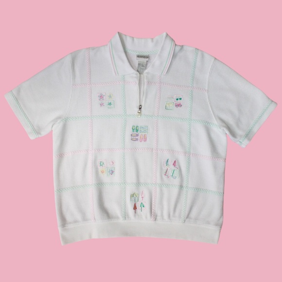 VTG 90s Waffle-Knit Embroidered Graphic Polo Shirt - Picture 11 of 11